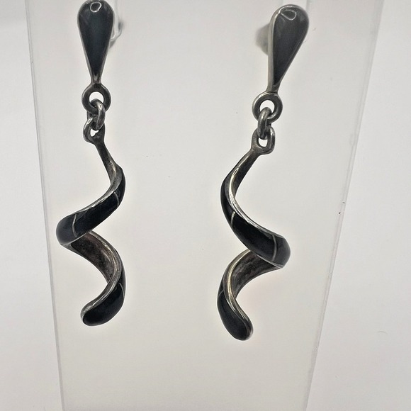 Vintage Sterling Silver Black Enamel Spiral Drop Earrings Modernist Mexico JA - Picture 4 of 12